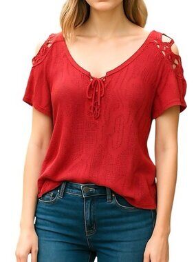 Free People Bohemian Crochet Shoulder Tie Neckline Faded Red Cotton Top Size S